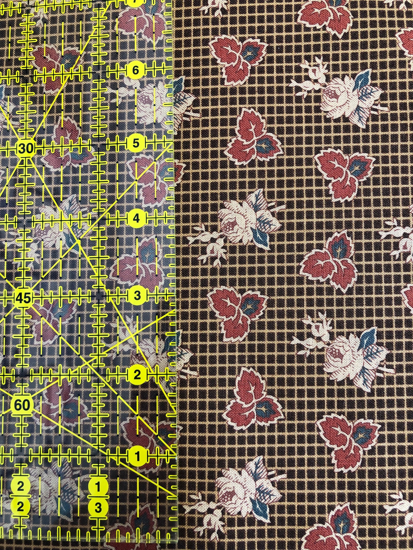 Jo Morton fabric, red leaves and cream roses on brown windowpane check, beside a ruler in inches