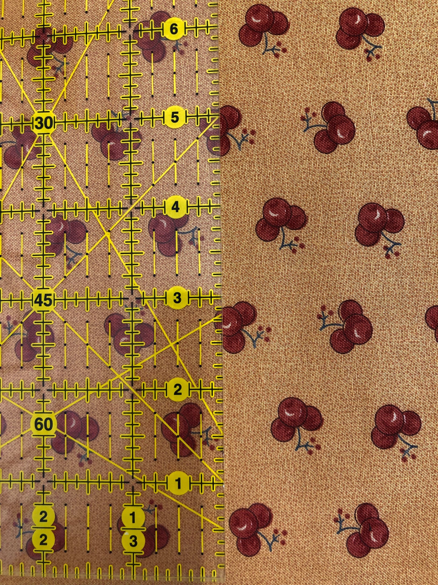 Jo Morton fabric, red cherries on caramel tan, beside a ruler in inches
