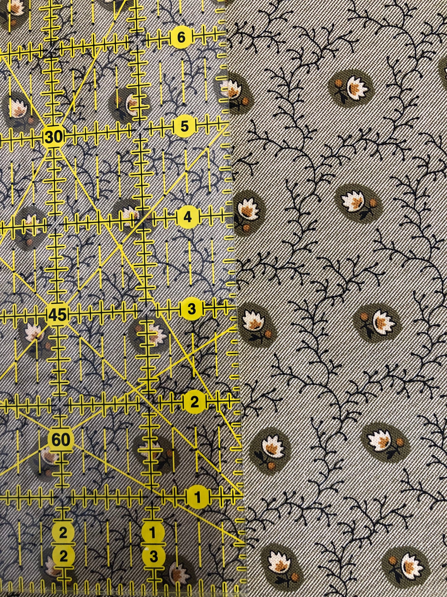 Jo Morton fabric, dark vines with olive and cream flowers on soft grey, beside a ruler in inches