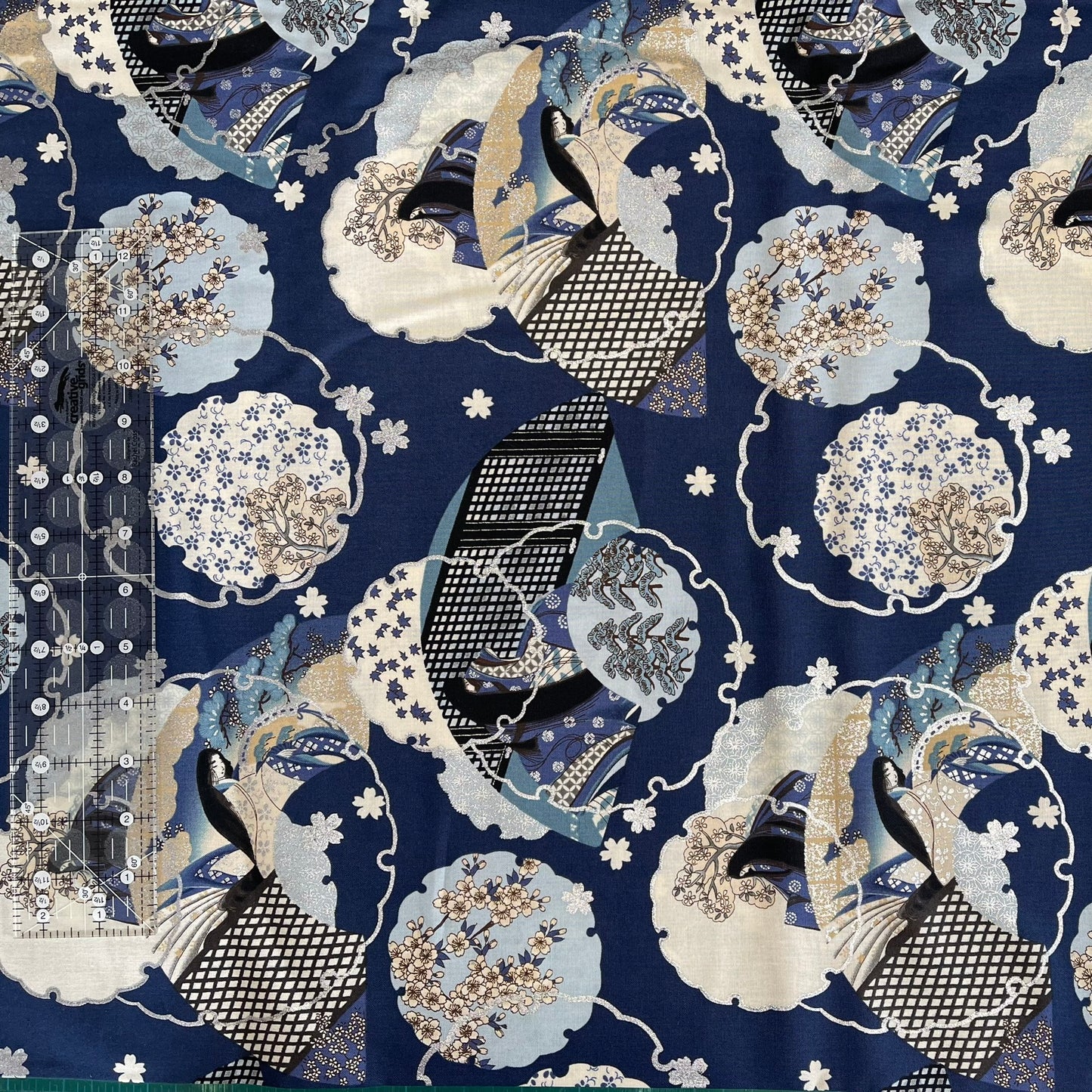 Blue Japanese Floral and Geisha Fabric