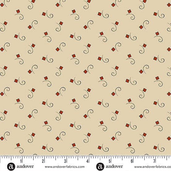 Jo Morton Madison Manor Revisited fabric 5693-R beside a ruler in inches, showing the scale of the print
