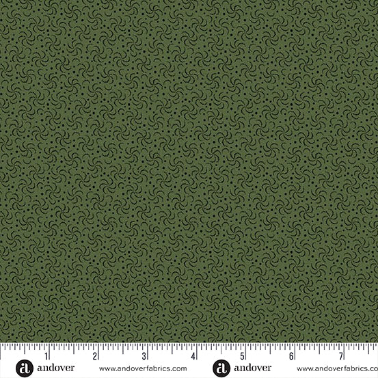 Jo Morton Trunk Treasures fabric 3985-G beside a ruler in inches, showing the scale of the print