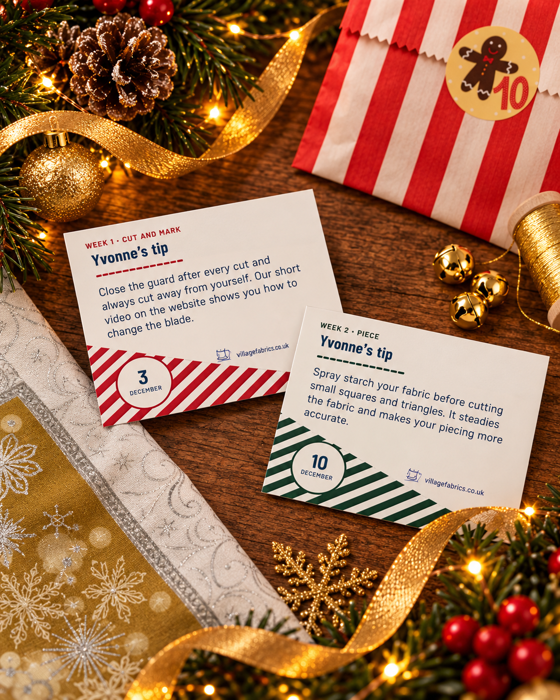 Two of Yvonne's daily tip cards from the advent calendar, for 3 and 10 December