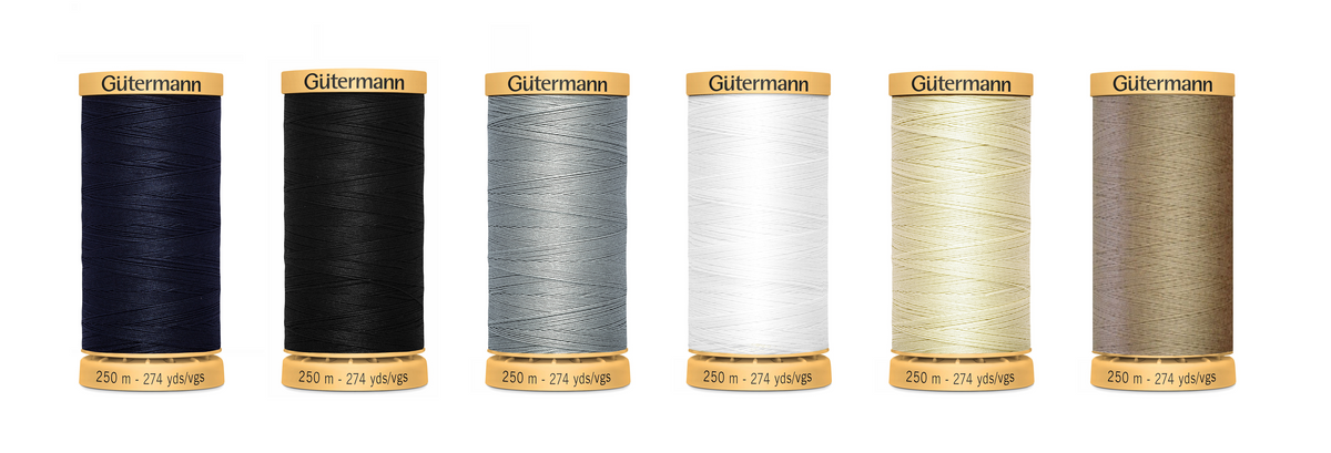 Gütermann cotton thread, 250 metre spools in six colours