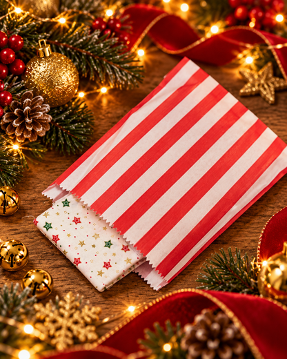 A red and white striped advent bag with a Christmas star fabric peeking out