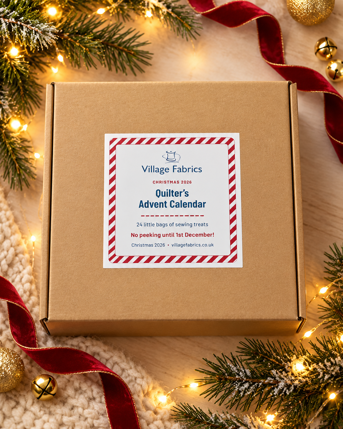 The Quilter's Advent Calendar box with its No peeking sticker, among Christmas greenery and fairy lights