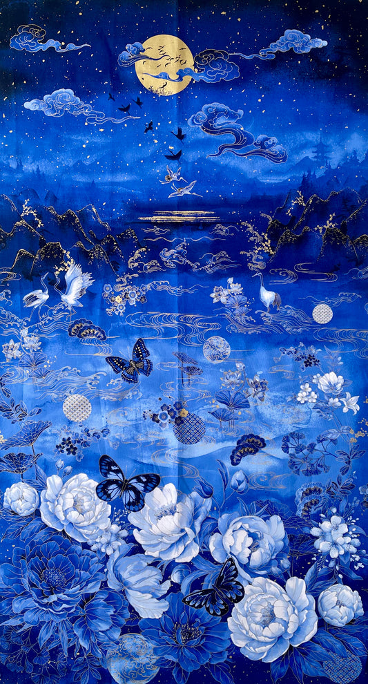 'Moonlight' Blue Japanese Butterflies Fabric Panel