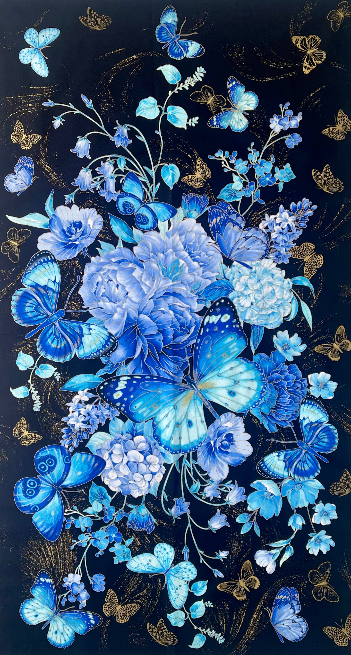 'Escapade' Blue Japanese Butterflies Fabric Panel