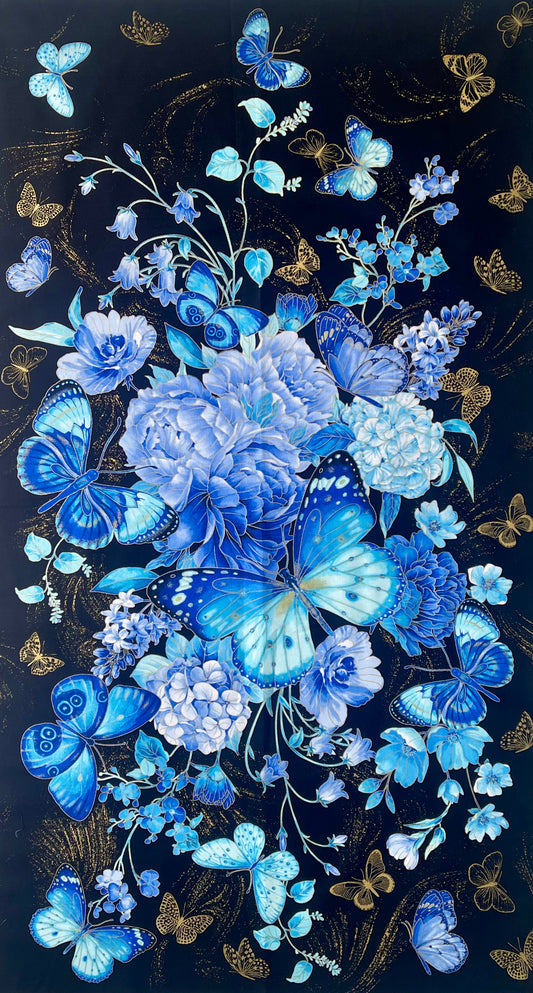 'Escapade' Blue Japanese Butterflies Fabric Panel