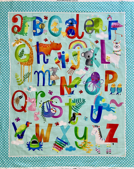 The Alphabet Cot Panel: letters a to z with animals on an aqua background