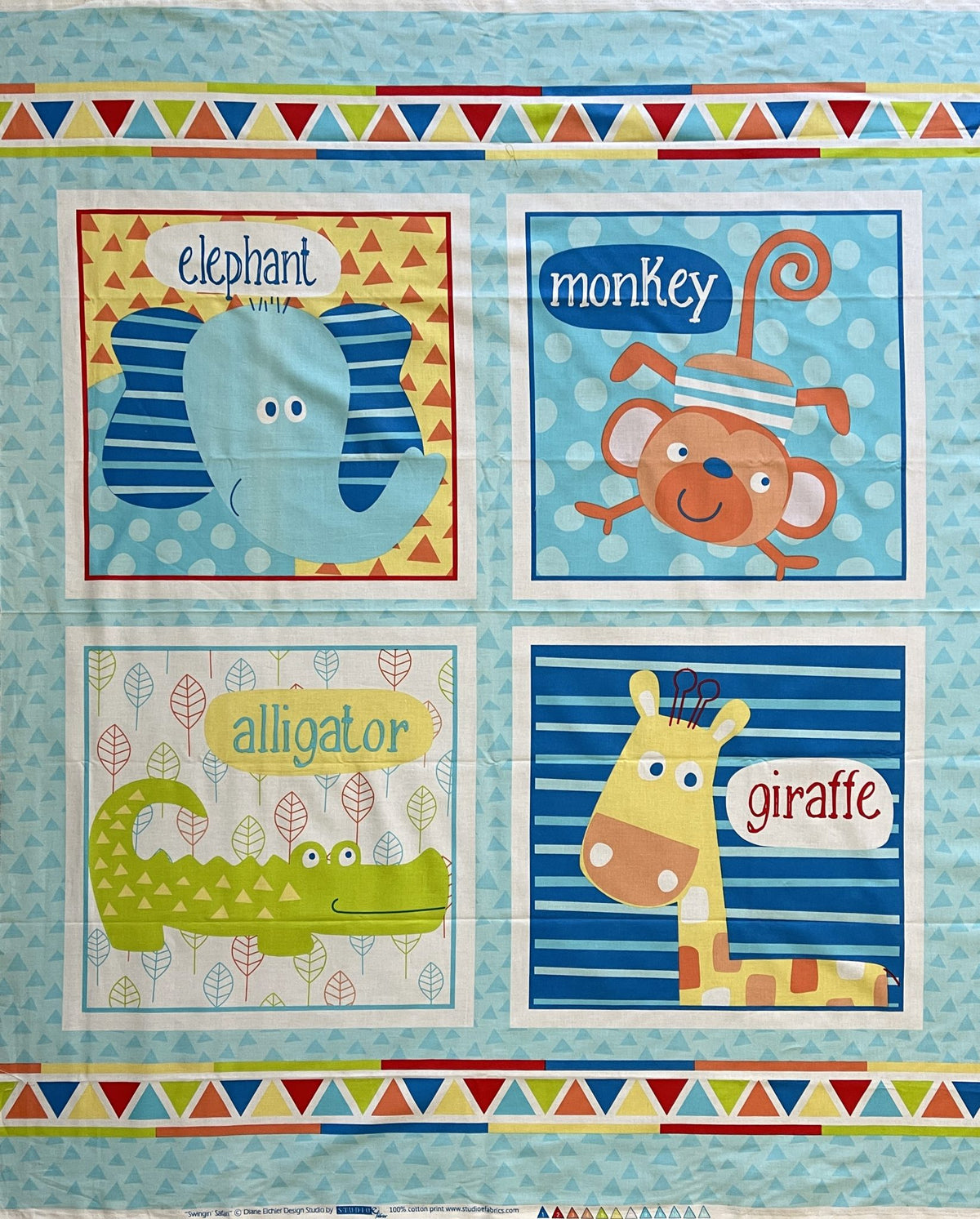 The Swingin' Safari Animal Squares Cot Panel: an elephant, a monkey, an alligator and a giraffe in four squares