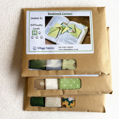 Bookmark Corners kits in Green: green, cream and yellow fabrics
