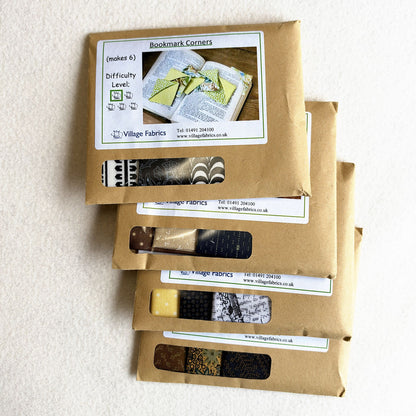 Bookmark Corners kits in Masculine: black, brown, navy and mustard fabrics