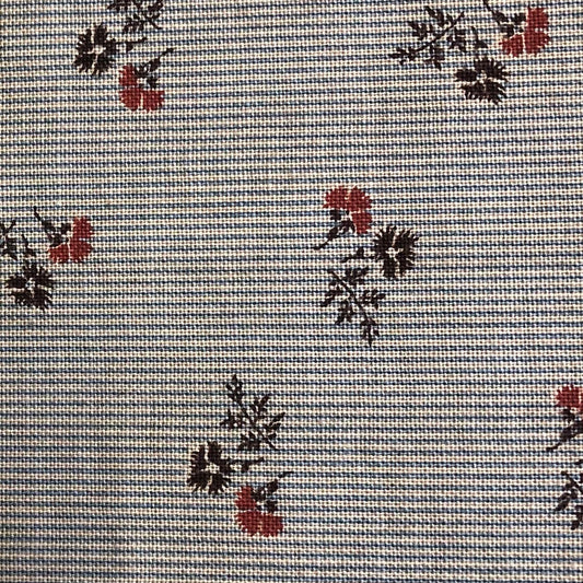 Jo Morton fabric, red and navy flower sprigs on pale blue fine stripe
