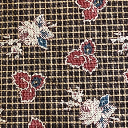 Jo Morton fabric, red leaves and cream roses on brown windowpane check