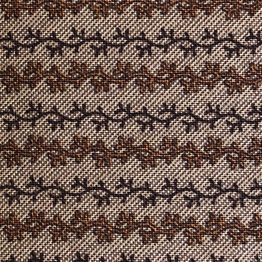 Jo Morton fabric, rows of small brown leafy vines on a pale ground