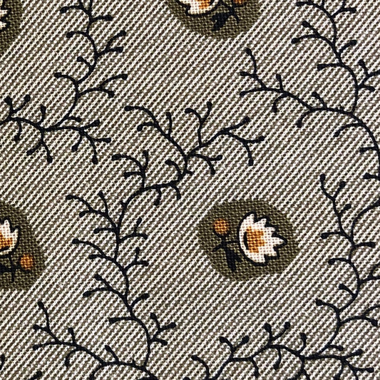 Jo Morton fabric, dark vines with olive and cream flowers on soft grey