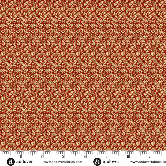 Jo Morton Madison Manor Revisited fabric 10142-R beside a ruler in inches, showing the scale of the print