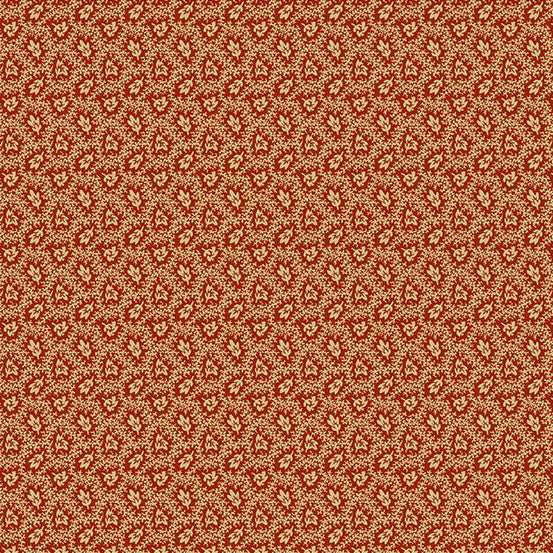 Jo Morton Madison Manor Revisited fabric 10142-R, small tan leaves and stippled trails on brick red
