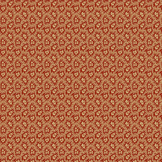Jo Morton Madison Manor Revisited fabric 10142-R, small tan leaves and stippled trails on brick red