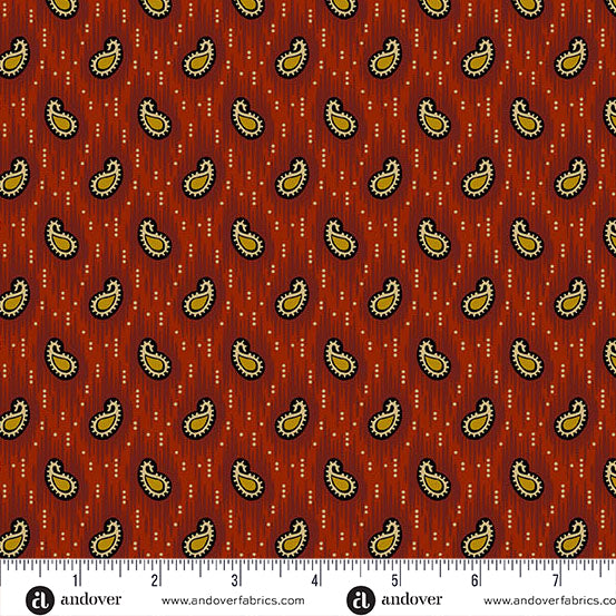 Jo Morton Madison Manor Revisited fabric 10143-R beside a ruler in inches, showing the scale of the print