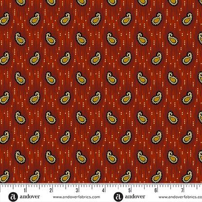 Jo Morton Madison Manor Revisited fabric 10143-R beside a ruler in inches, showing the scale of the print