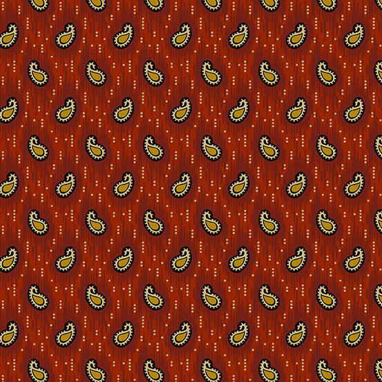 Jo Morton Madison Manor Revisited fabric 10143-R, gold and cream paisleys on rust red
