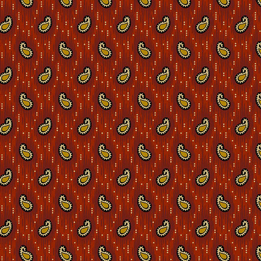 Jo Morton Madison Manor Revisited fabric 10143-R, gold and cream paisleys on rust red