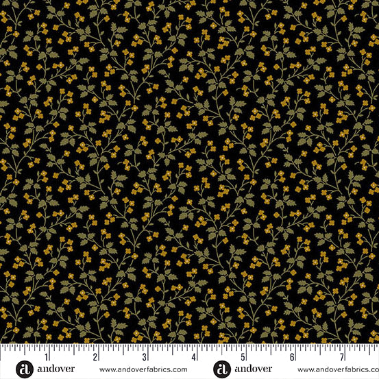 Jo Morton Madison Manor Revisited fabric 10144-Y beside a ruler in inches, showing the scale of the print