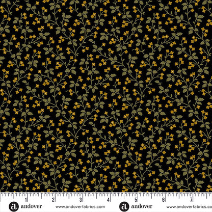 Jo Morton Madison Manor Revisited fabric 10144-Y beside a ruler in inches, showing the scale of the print