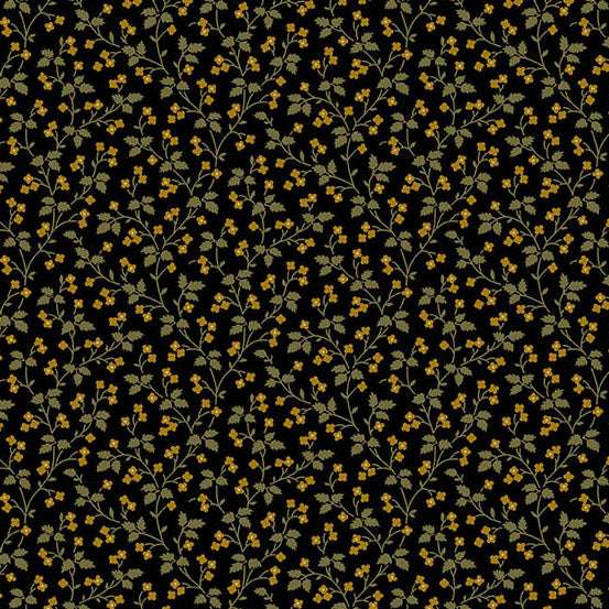 Jo Morton Madison Manor Revisited fabric 10144-Y, olive green leafy vine with tiny golden flowers on black