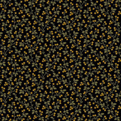 Jo Morton Madison Manor Revisited fabric 10144-Y, olive green leafy vine with tiny golden flowers on black