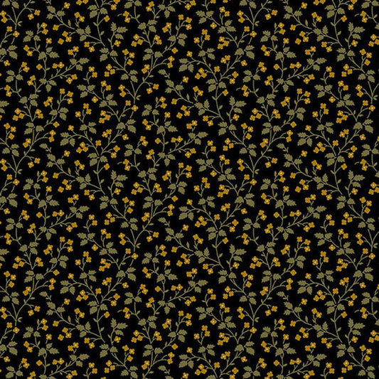 Jo Morton Madison Manor Revisited fabric 10144-Y, olive green leafy vine with tiny golden flowers on black