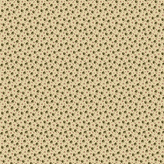 Jo Morton Madison Manor Revisited fabric 10146-L, tiny olive green leaf sprigs and red dots on tan
