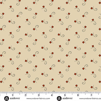 Jo Morton Madison Manor Revisited fabric 5693-R beside a ruler in inches, showing the scale of the print