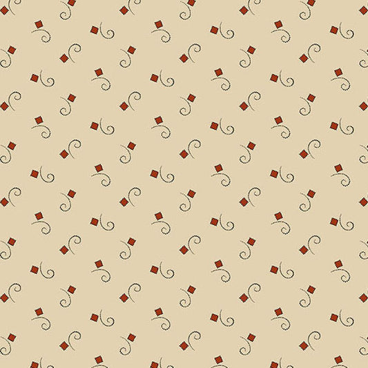 Jo Morton Madison Manor Revisited fabric 5693-R, small red diamonds and brown curls on cream