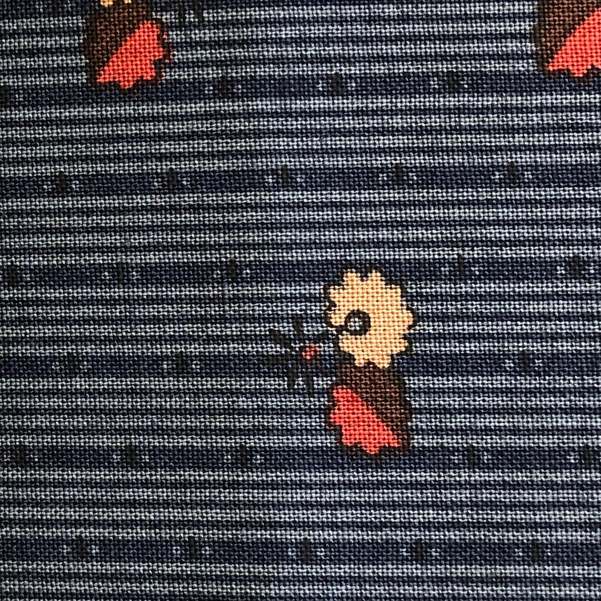 Jo Morton fabric, small cream and red flowers on navy fine stripe
