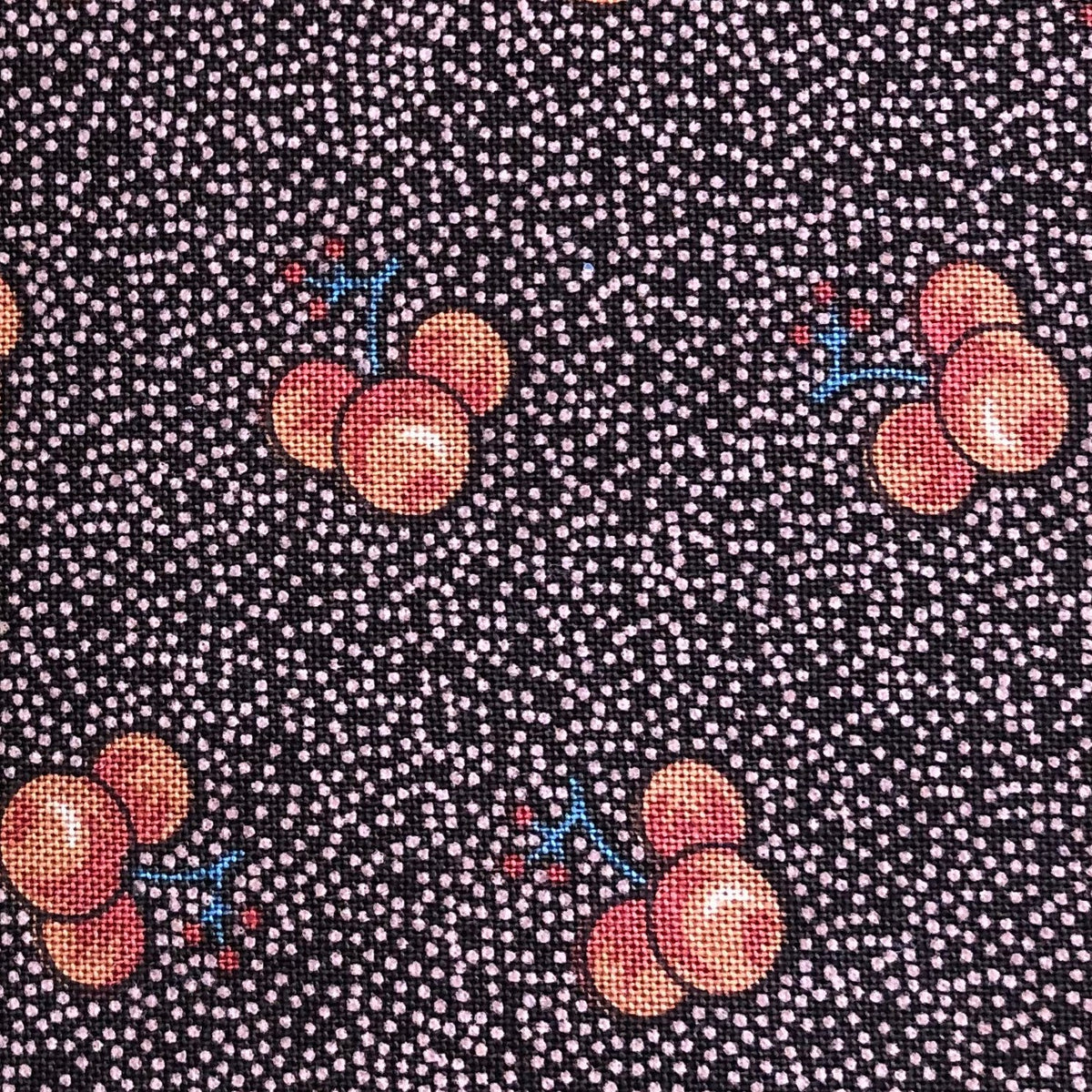 Jo Morton fabric, red cherries on brownish plum speckle