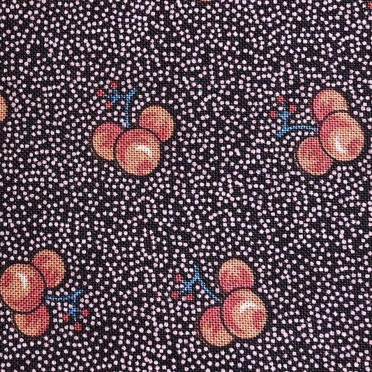 Jo Morton fabric, red cherries on brownish plum speckle
