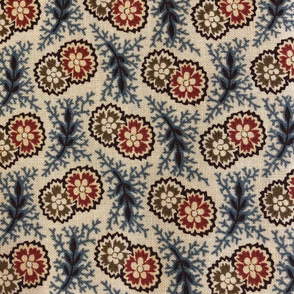Jo Morton fabric, red, cream and blue paisley medallions on cream