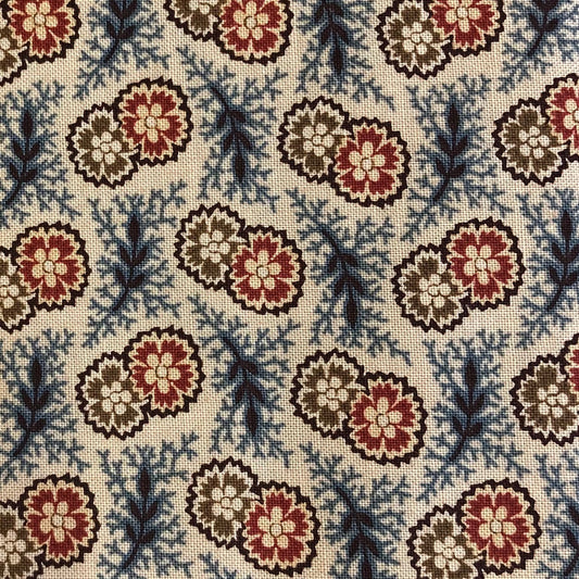 Jo Morton fabric, red, cream and blue paisley medallions on cream