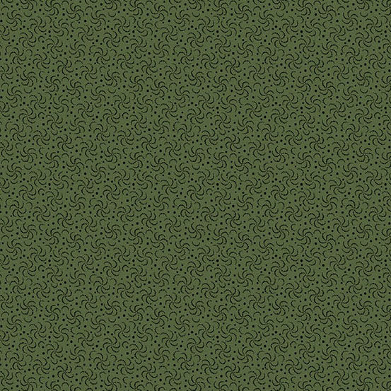 Jo Morton Trunk Treasures fabric 3985-G, dark green pinwheel swirls and dots on sage green