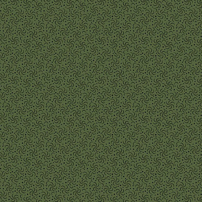 Jo Morton Trunk Treasures fabric 3985-G, dark green pinwheel swirls and dots on sage green