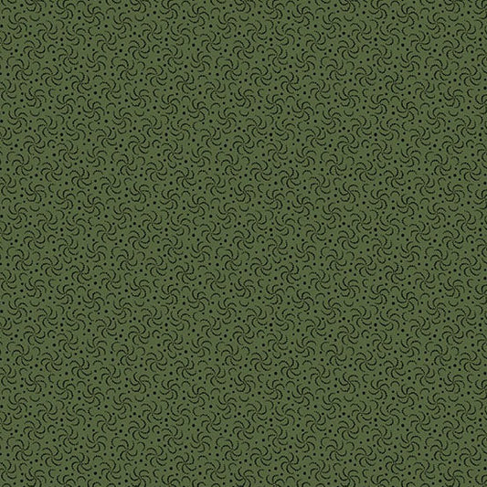 Jo Morton Trunk Treasures fabric 3985-G, dark green pinwheel swirls and dots on sage green