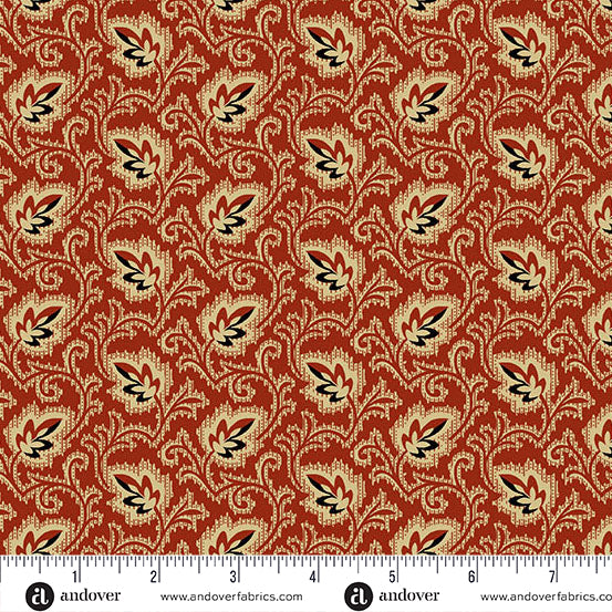 Jo Morton Trunk Treasures fabric 7734-R beside a ruler in inches, showing the scale of the print