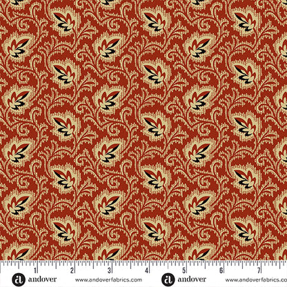 Jo Morton Trunk Treasures fabric 7734-R beside a ruler in inches, showing the scale of the print