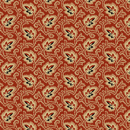 Jo Morton Trunk Treasures fabric 7734-R, tan and black feathered leaves on scrolling stems on red