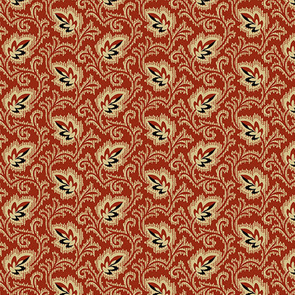 Jo Morton Trunk Treasures fabric 7734-R, tan and black feathered leaves on scrolling stems on red