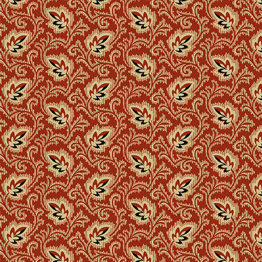 Jo Morton Trunk Treasures fabric 7734-R, tan and black feathered leaves on scrolling stems on red