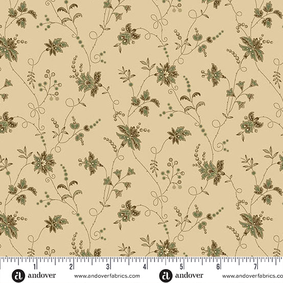 Jo Morton Trunk Treasures fabric 8040-G beside a ruler in inches, showing the scale of the print
